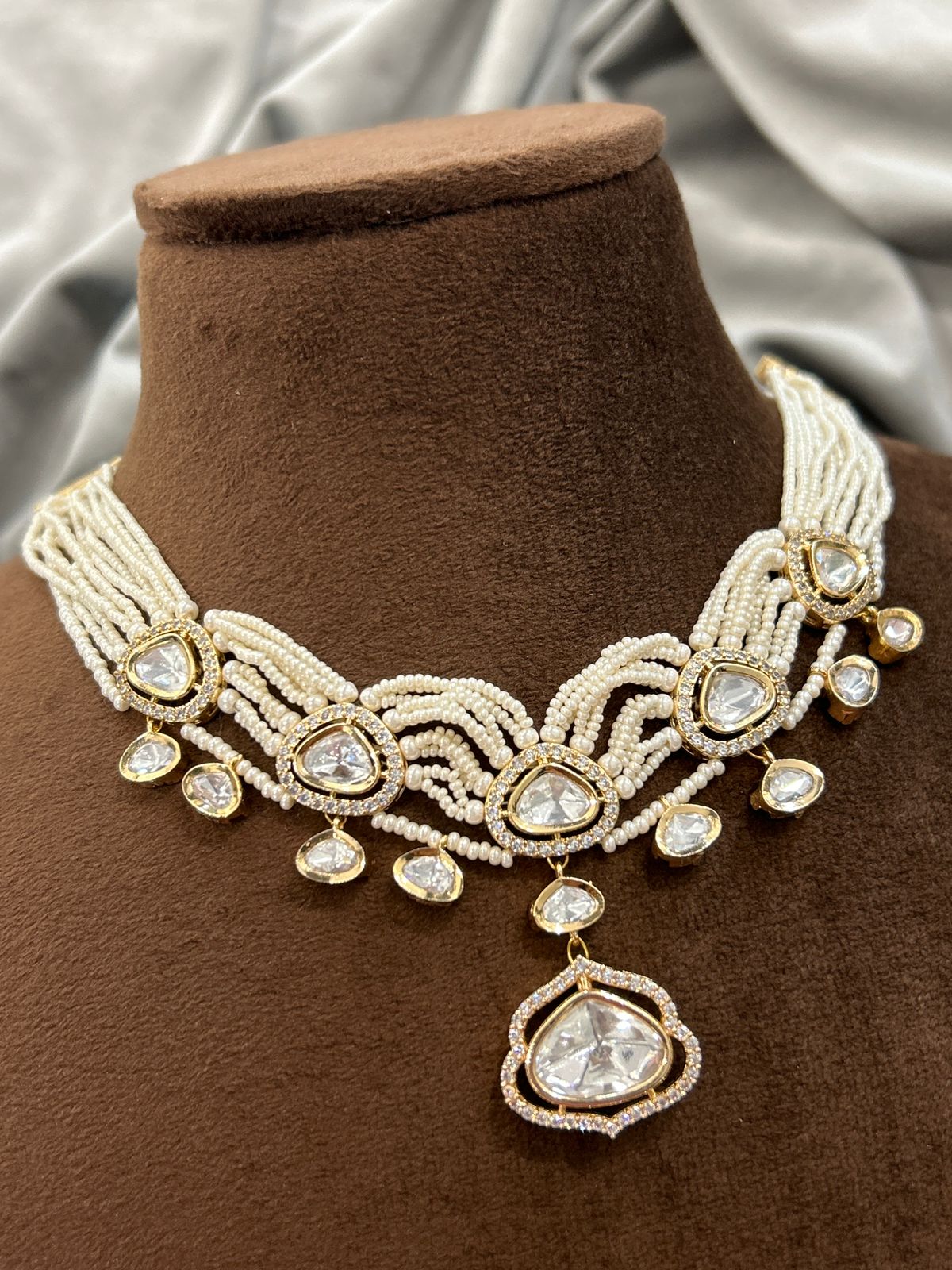 Pearl Strings Diamond Kundan Necklace Set